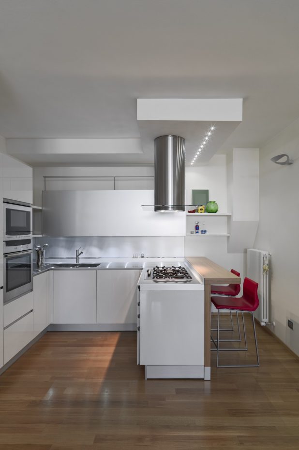 modern kitchen interior with parquet floor